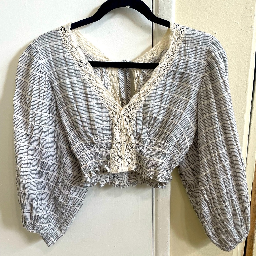 Crochet Open Tie Back Boho Flowy Ruched Crop Top - Cream/Black Stripe - Size S